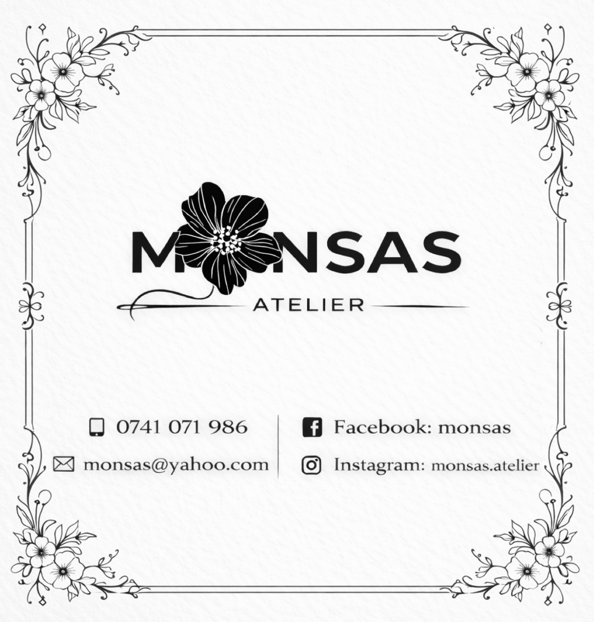 Cartea de vizită MONSAS Atelier cu datele de contact