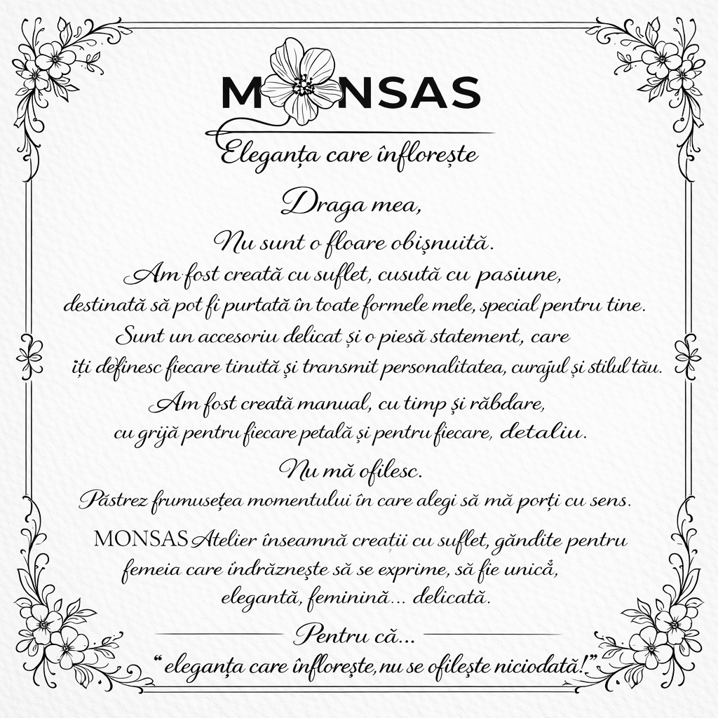 Scrisoarea care însoțește fiecare cutie MONSAS Atelier